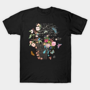 Vintage French style architectural image enhanced with flowers, birds butterflies, script. Interacted design for your projects. T-Shirt